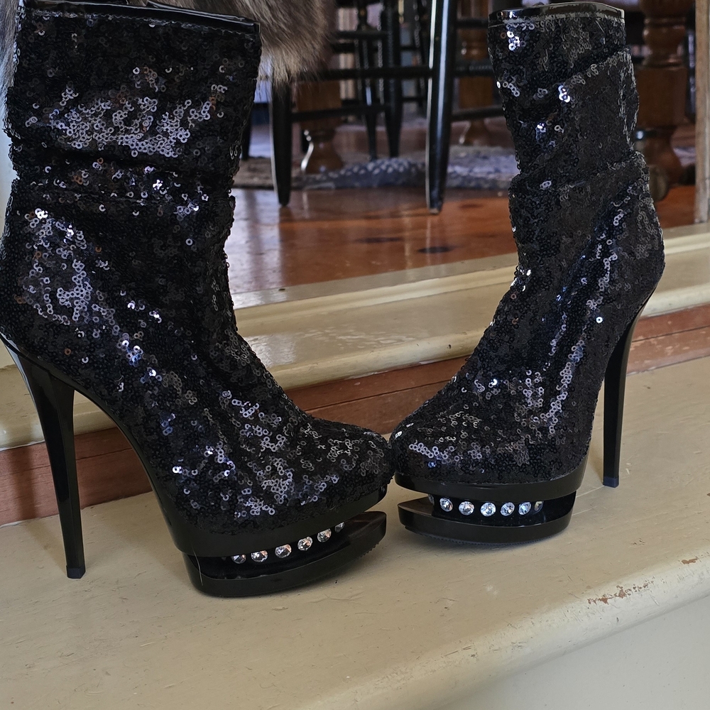 Pleaser Black Sequin Platform Heeled Boots (NEW W.O BOX)